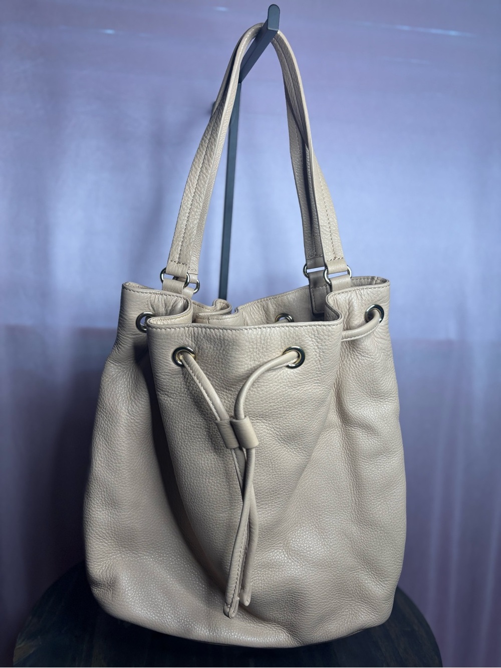 Talbots Leather Drawstring Bucket Bag - Beige
